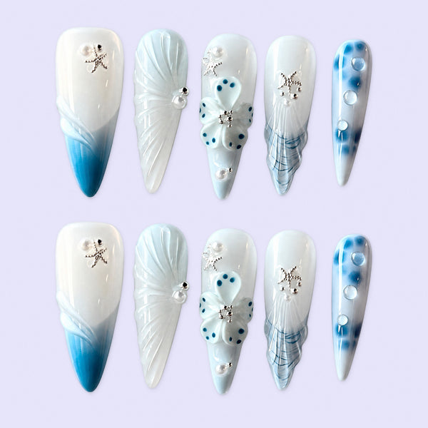 Frosted Blue Petals Icy Floral Press-On Nails - 10pc Handmade Set