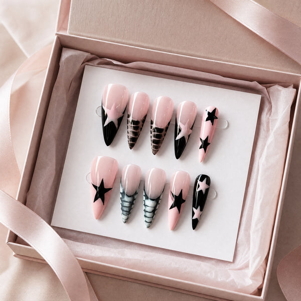 Pink & Black Star French Press-On Nails – Handmade 10-Piece Set
