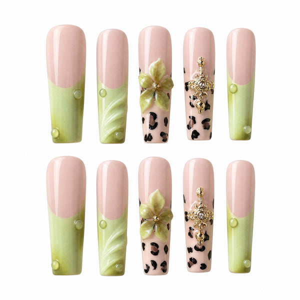 Citrus Safari Lime Leopard Floral Press-On Nails, 10-Piece Handmade Set