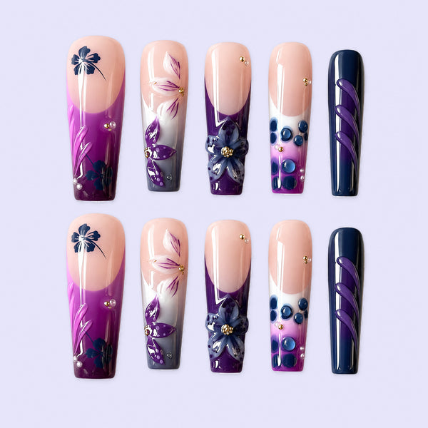 Violet Nocturne Purple Floral 3D Press-On Nails