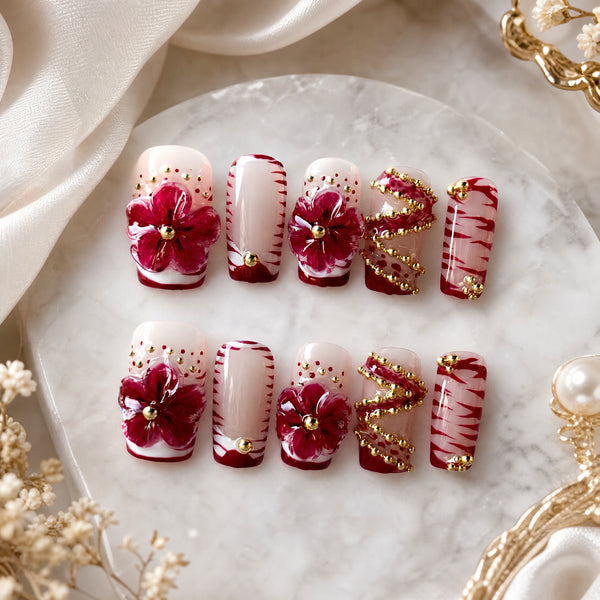 Red Plaid Floral Press-On Nails - Handcrafted 10-Piece Set