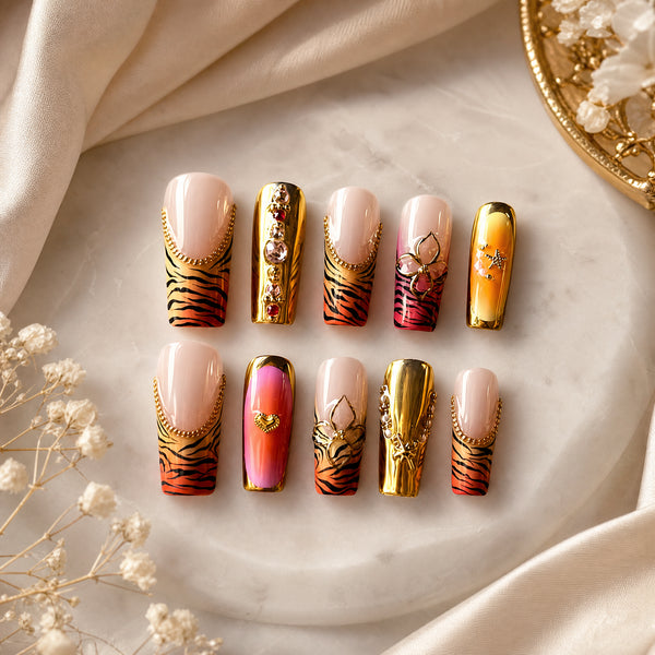 Amber Tiger Glow Orange Gold Animal Print Press-On Nails
