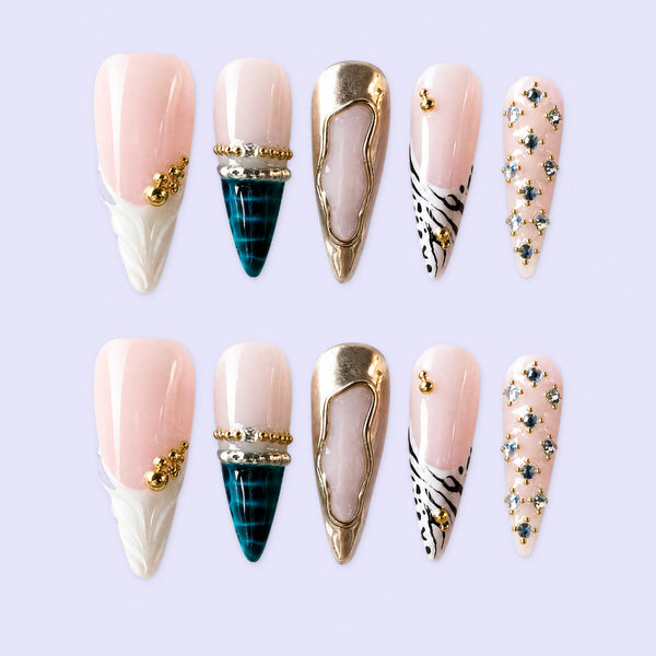 Black Metallic Press-On Nails – Silver Accent Handmade 10-Piece Set