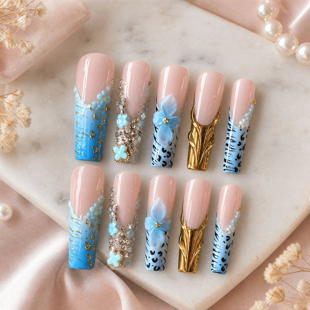 Aqua Gilded Lace Blue Gold Floral Press-On Nails – 10 Pc Set