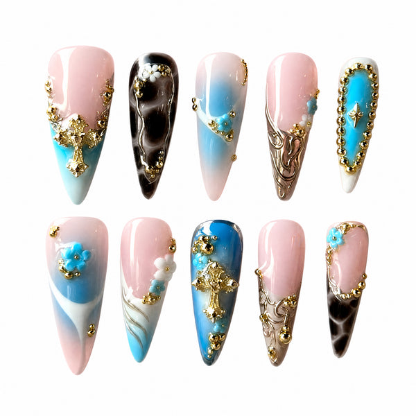 Turquoise Baroque Garden Blue Gold 3D Press-On Nails