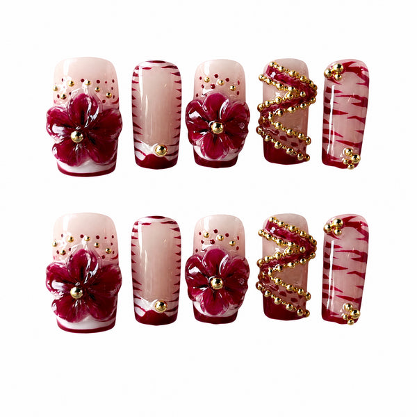 Red Plaid Floral Press-On Nails - Handcrafted 10-Piece Set