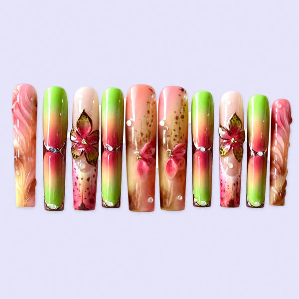 Neon Garden Pop Green Pink Floral Press-On Nails, Handmade 10pc Set