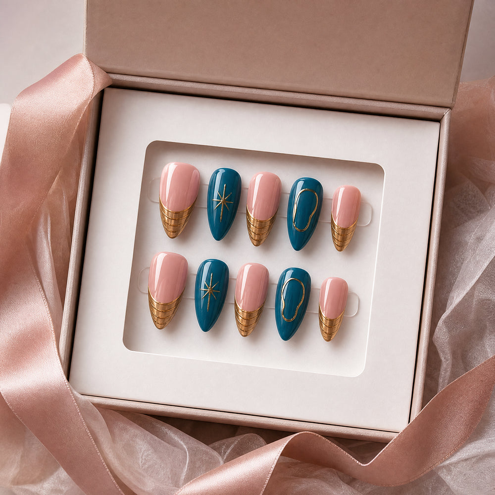 Teal Gilded Wave Blue Gold Abstract Press-On Nails
