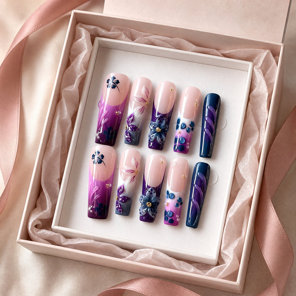 Violet Nocturne Purple Floral 3D Press-On Nails