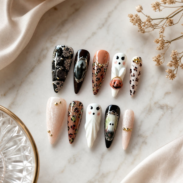 Monochrome Leopard Pearl Black White Animal Print Press-On Nails