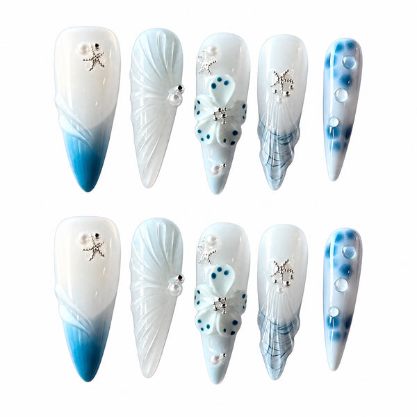 Frosted Blue Petals Icy Floral Press-On Nails - 10pc Handmade Set