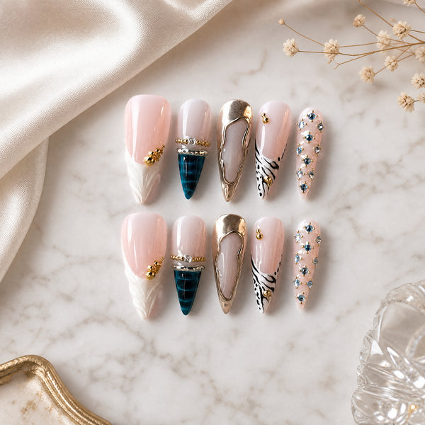 Black Metallic Press-On Nails – Silver Accent Handmade 10-Piece Set