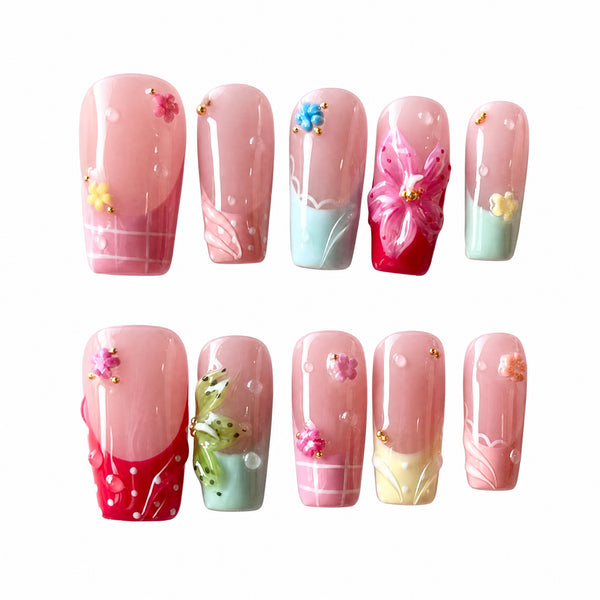 Coral Citrus Glow Pink Orange Floral Press-On Nails