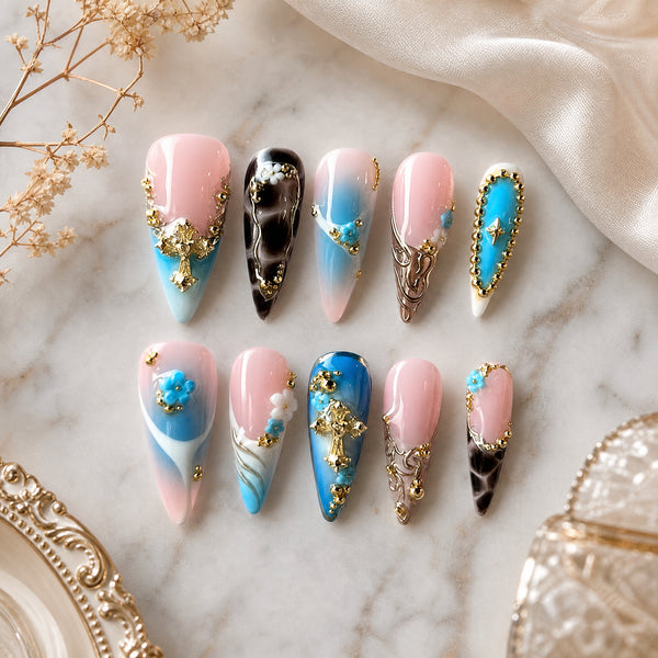 Turquoise Baroque Garden Blue Gold 3D Press-On Nails